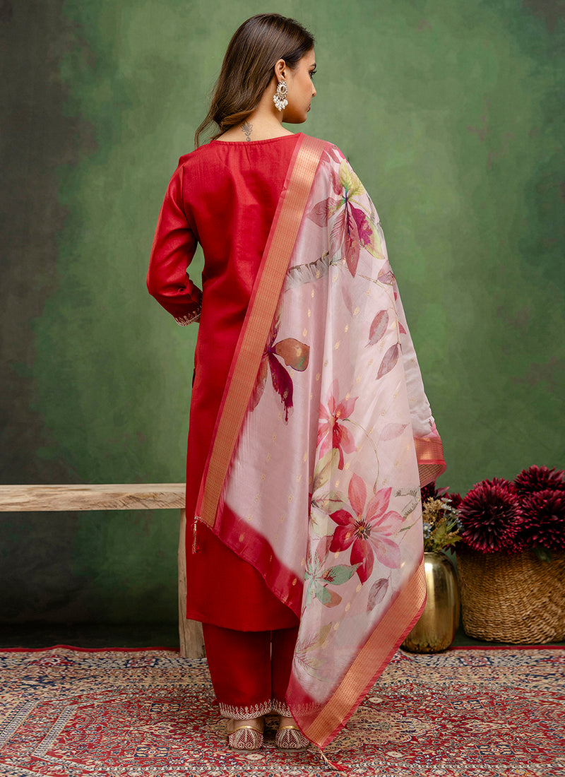 Vellora Cotton Blend Red Casual Wear Embroidery Work Readymade Salwar Suit - Distacart