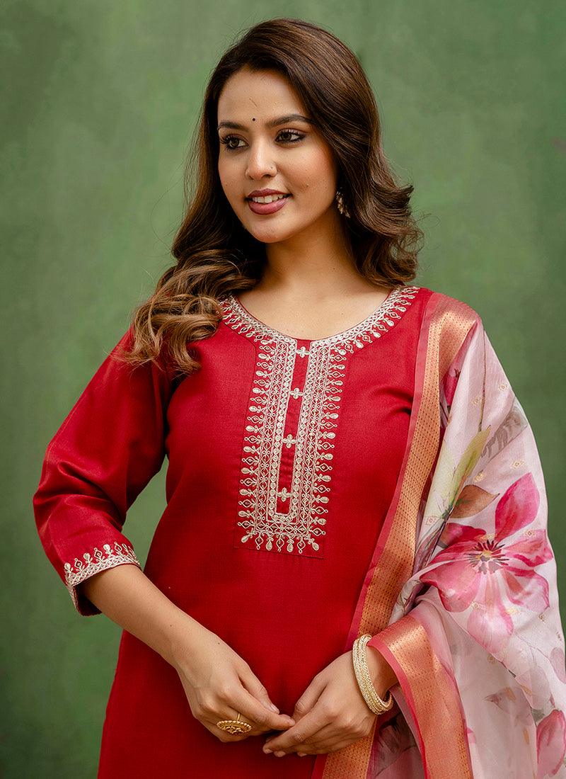 Vellora Cotton Blend Red Casual Wear Embroidery Work Readymade Salwar Suit - Distacart