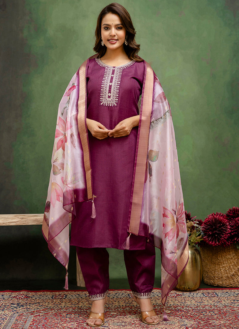 Vellora Cotton Blend Wine Casual Wear Embroidery Work Readymade Salwar Suit - Distacart