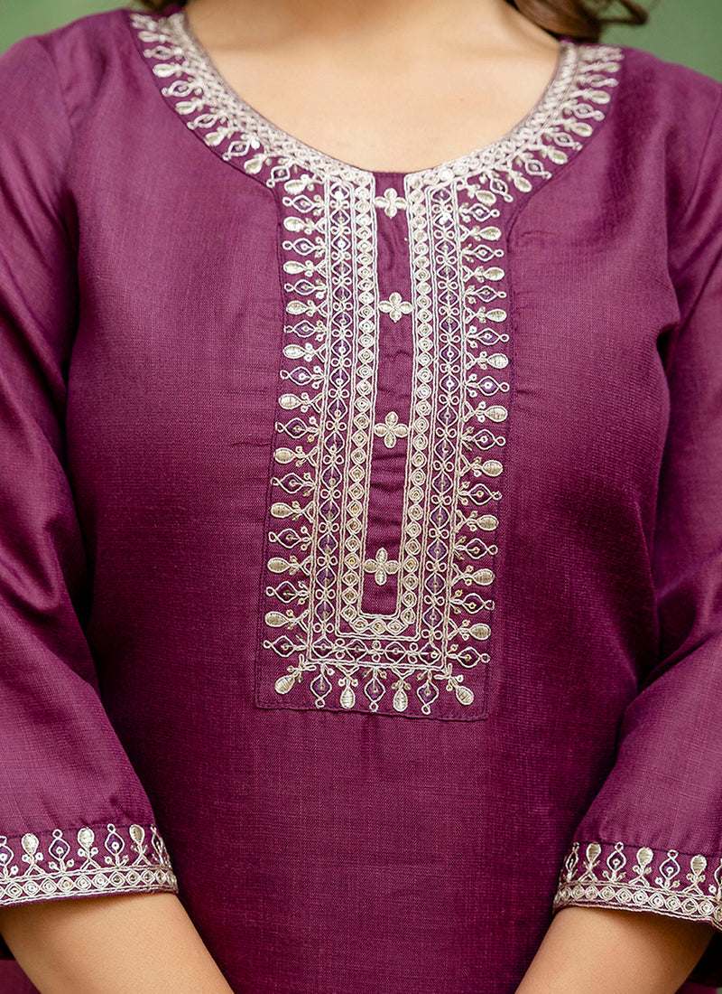 Vellora Cotton Blend Wine Casual Wear Embroidery Work Readymade Salwar Suit - Distacart