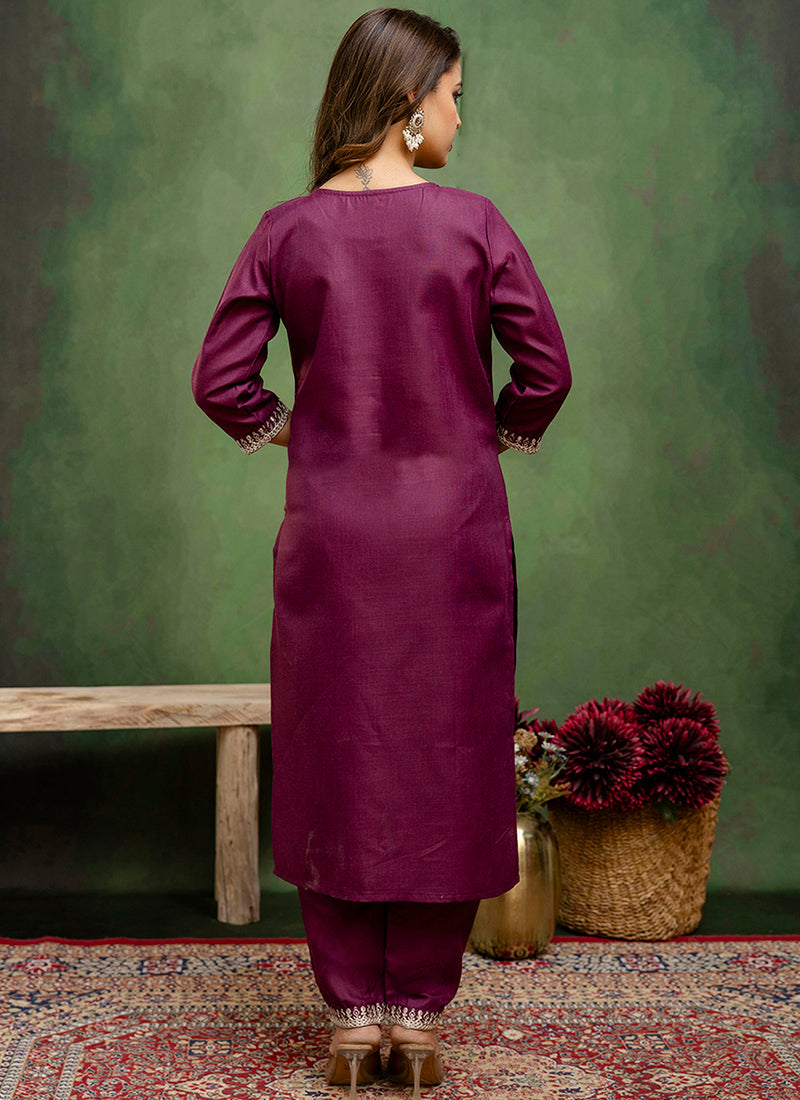 Vellora Cotton Blend Wine Casual Wear Embroidery Work Readymade Salwar Suit - Distacart