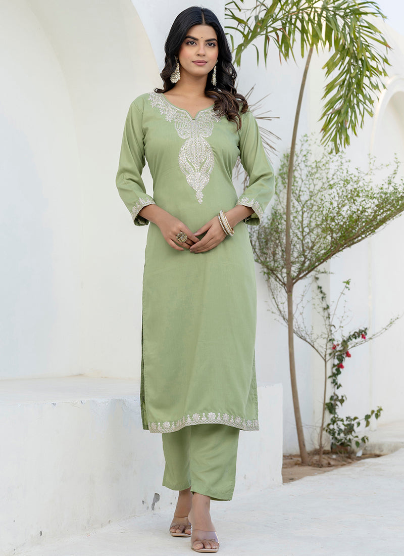 Vellora Silk Blend Pista Casual Wear Embroidery Work Readymade Salwar Suit - Distacart