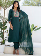Vellora Cotton Blend Teal Casual Wear Embroidery Work Readymade Salwar Suit - Distacart
