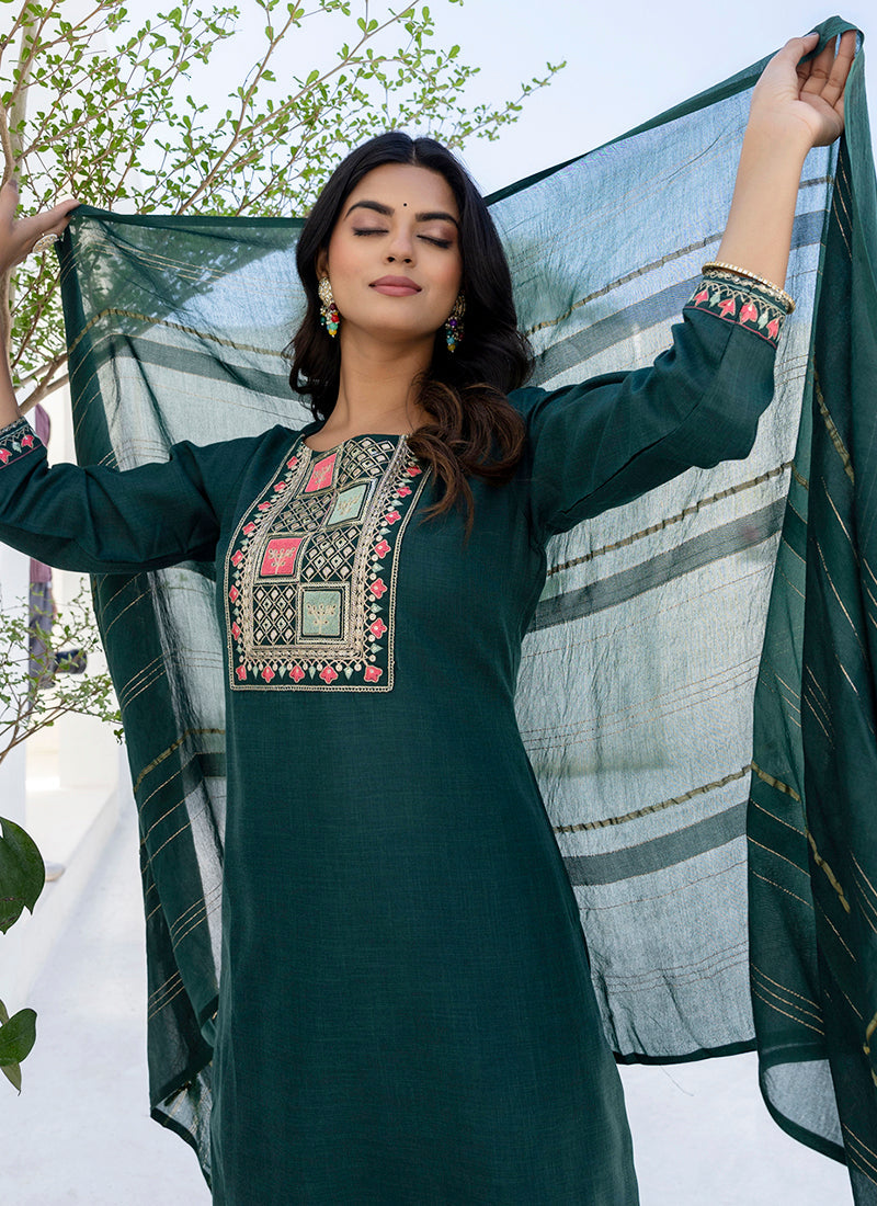Vellora Cotton Blend Teal Casual Wear Embroidery Work Readymade Salwar Suit - Distacart