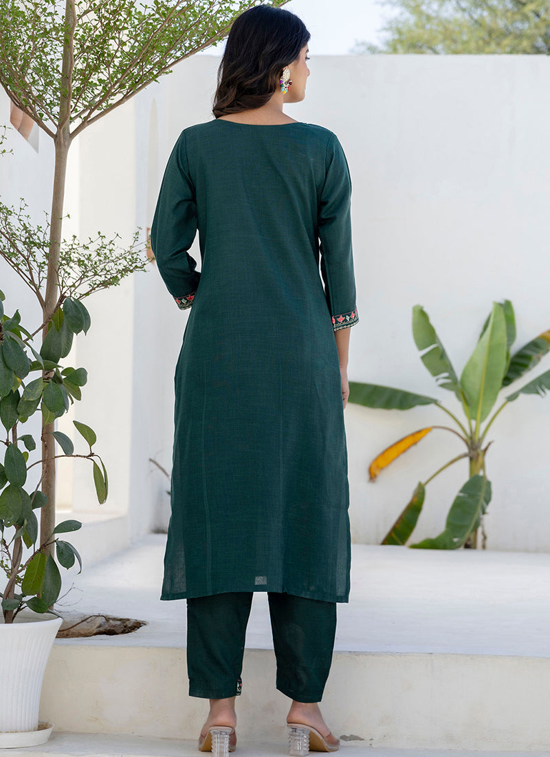 Vellora Cotton Blend Teal Casual Wear Embroidery Work Readymade Salwar Suit - Distacart
