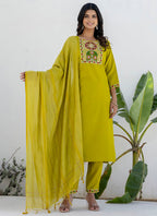 Vellora Cotton Blend Lime Green Casual Wear Embroidery Work Readymade Salwar Suit - Distacart