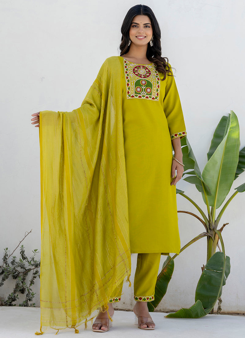 Vellora Cotton Blend Lime Green Casual Wear Embroidery Work Readymade Salwar Suit - Distacart