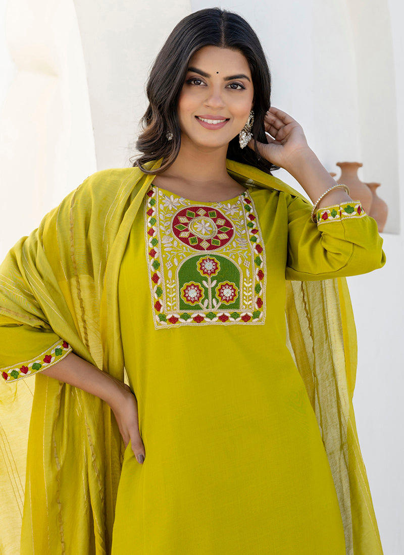 Vellora Cotton Blend Lime Green Casual Wear Embroidery Work Readymade Salwar Suit - Distacart