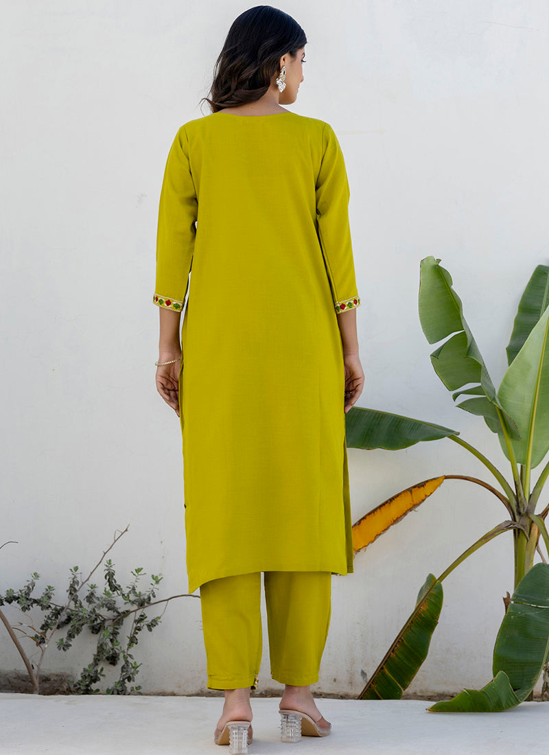 Vellora Cotton Blend Lime Green Casual Wear Embroidery Work Readymade Salwar Suit - Distacart