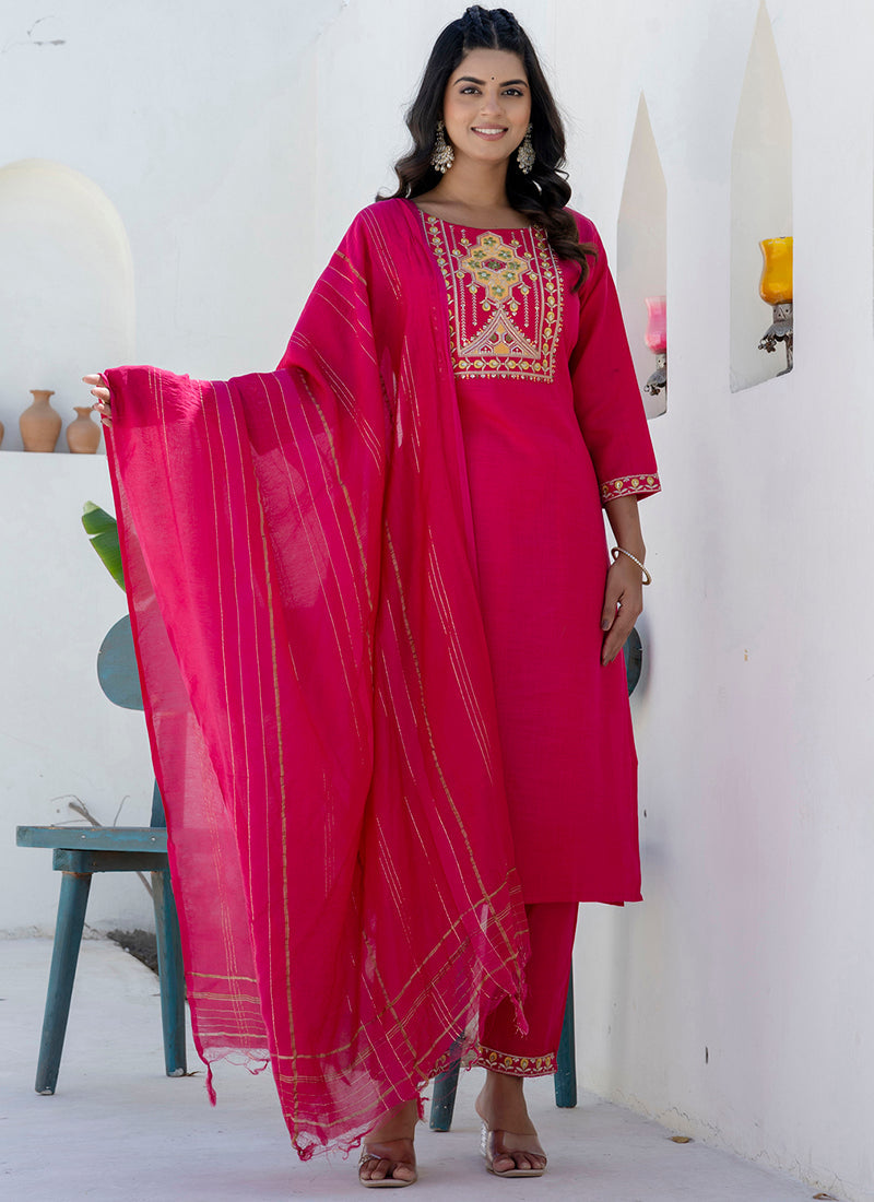 Vellora Cotton Blend Rani Pink Casual Wear Embroidery Work Readymade Salwar Suit - Distacart