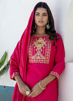 Vellora Cotton Blend Rani Pink Casual Wear Embroidery Work Readymade Salwar Suit - Distacart
