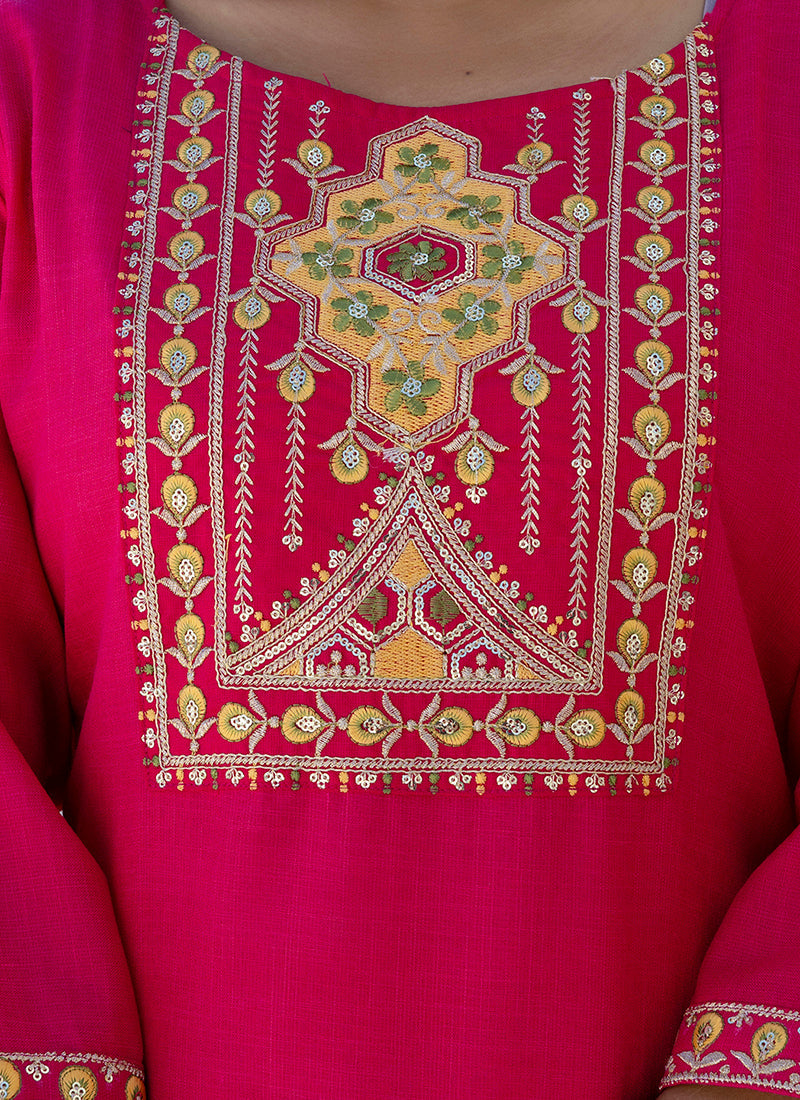Vellora Cotton Blend Rani Pink Casual Wear Embroidery Work Readymade Salwar Suit - Distacart