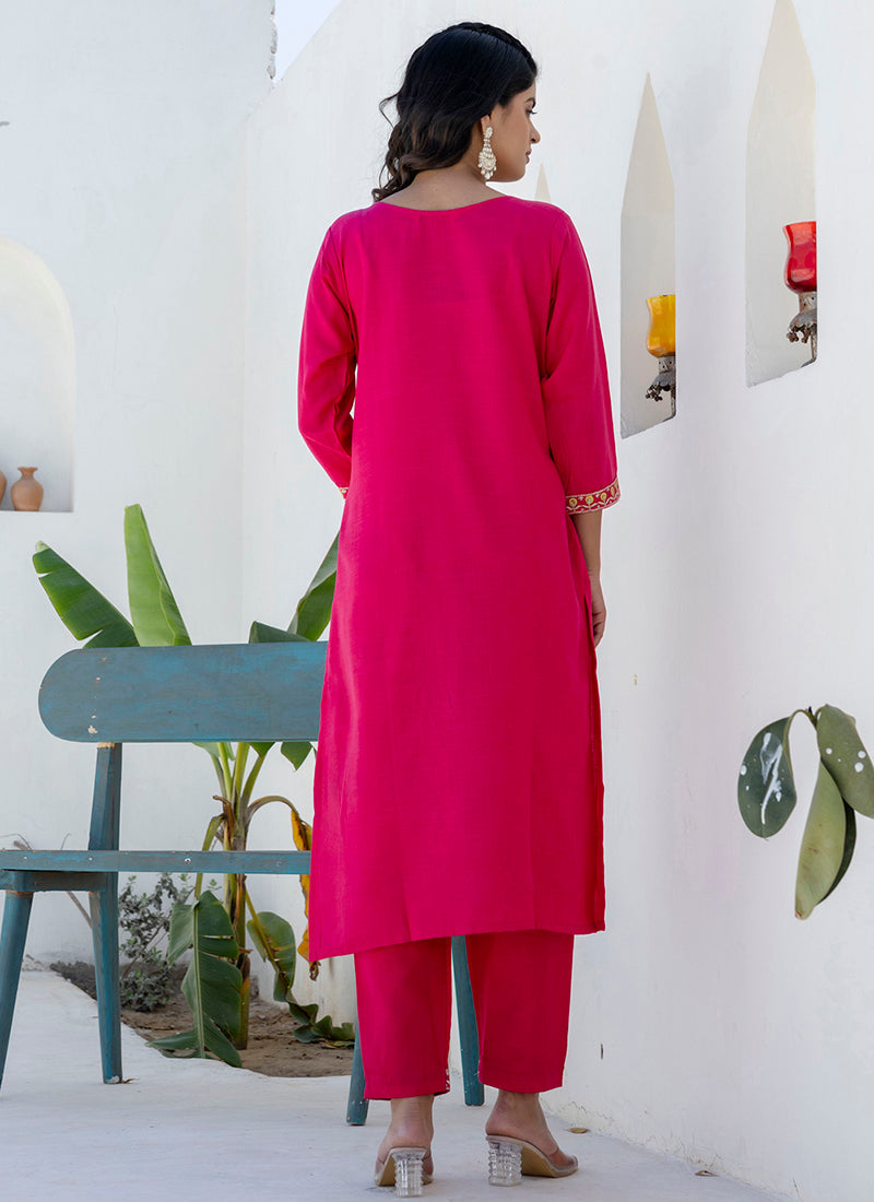Vellora Cotton Blend Rani Pink Casual Wear Embroidery Work Readymade Salwar Suit - Distacart