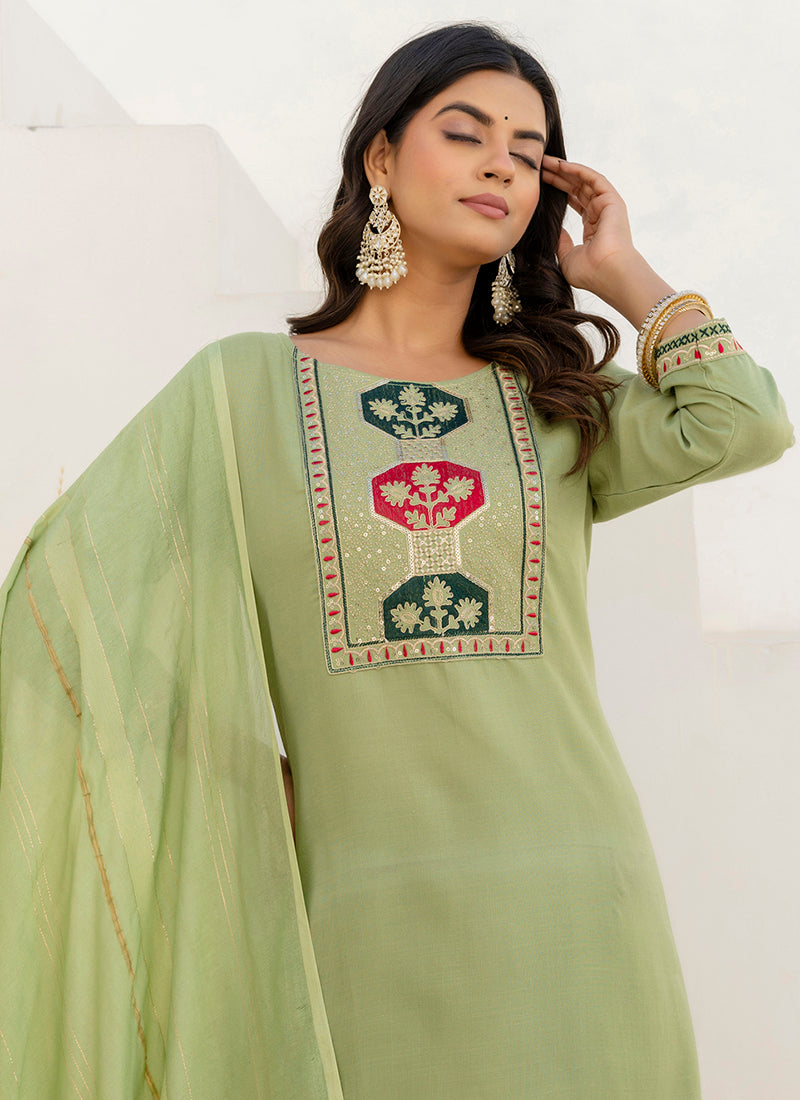 Vellora Cotton Blend Pista Casual Wear Embroidery Work Readymade Salwar Suit - Distacart