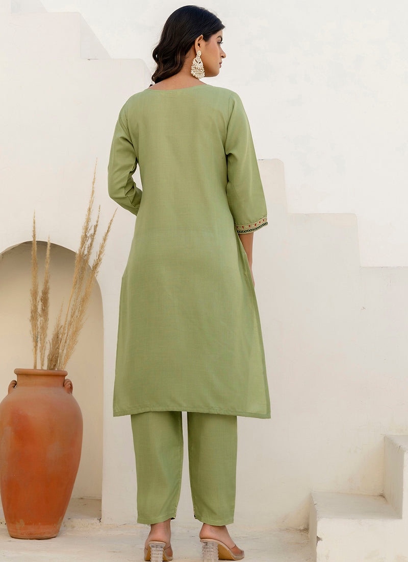 Vellora Cotton Blend Pista Casual Wear Embroidery Work Readymade Salwar Suit - Distacart