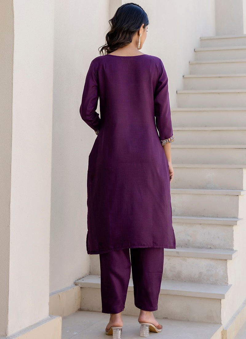 Vellora Cotton Blend Violet Casual Wear Embroidery Work Readymade Salwar Suit - Distacart