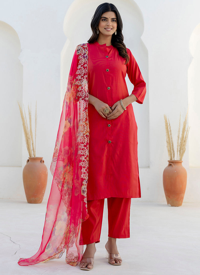 Vellora Shimmer Silk Red Casual Wear Floral Print Readymade Salwar Suit - Distacart