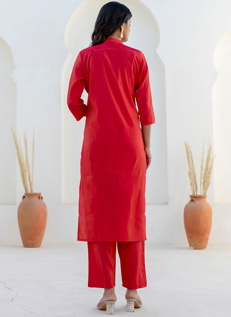 Vellora Shimmer Silk Red Casual Wear Floral Print Readymade Salwar Suit - Distacart