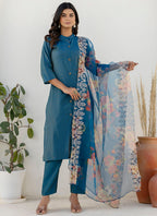 Vellora Shimmer Silk Navy Blue Casual Wear Floral Print Readymade Salwar Suit - Distacart