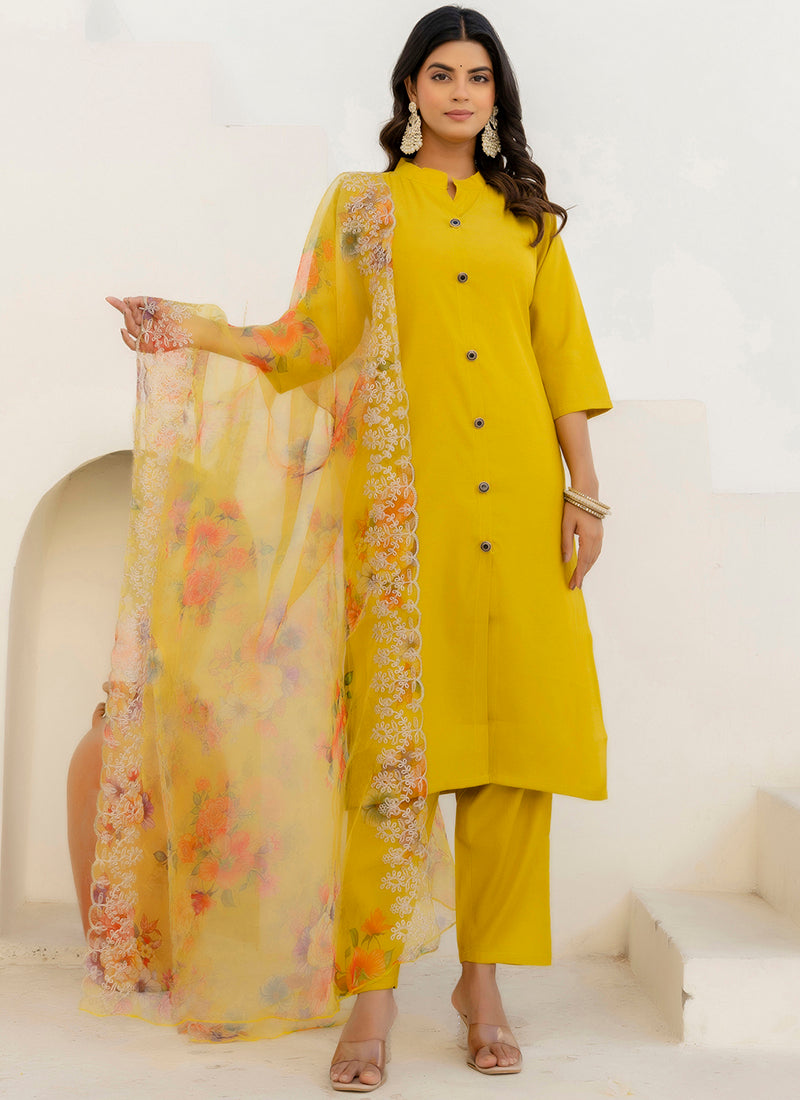 Vellora Shimmer Silk Yellow Casual Wear Floral Print Readymade Salwar Suit - Distacart