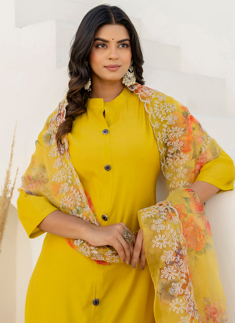 Vellora Shimmer Silk Yellow Casual Wear Floral Print Readymade Salwar Suit - Distacart