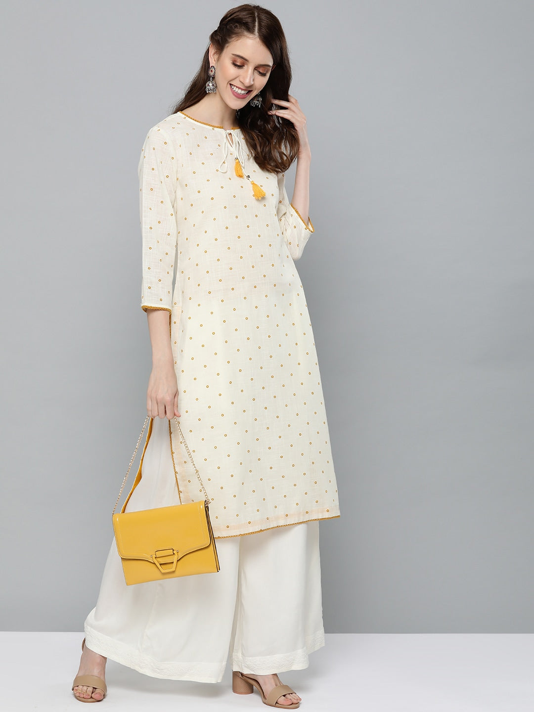 HERE&NOW Women Off-White & Mustard Yellow Geometric Printed Straight Kurta