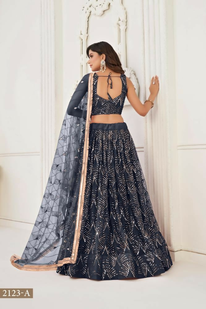 Aastha Fashion Black Butterfly Net Tone To Tone Thread Work, Sequence Work And Original Mirror Work Embroidery Wedding Wear Lehenga Choli