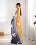 Orange and Grey Crunchy Crush Pedding Color Embroidery Work Party Wear Saree - Zuleika