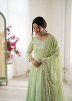 Teeya Creation Pista Color Faux georgette Embroidery Work Wedding Wear Gown - Distacart