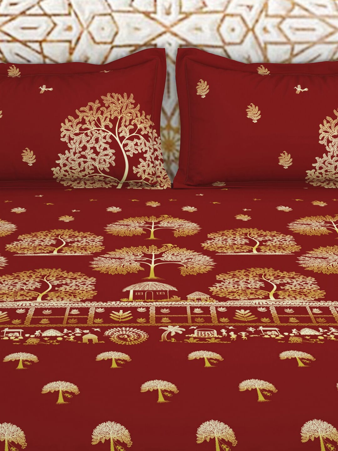 SPACES Red & Yellow Ethnic Motifs Cotton 210 TC King Bedsheet With 2 Pillow Covers