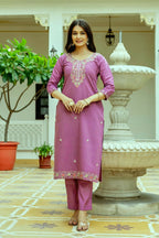 The52 Purple Women's Beautiful Embroidered Viscose Chanderi Silk Fabric with Straight Kurta, Pant and Dupatta Set - Distacart
