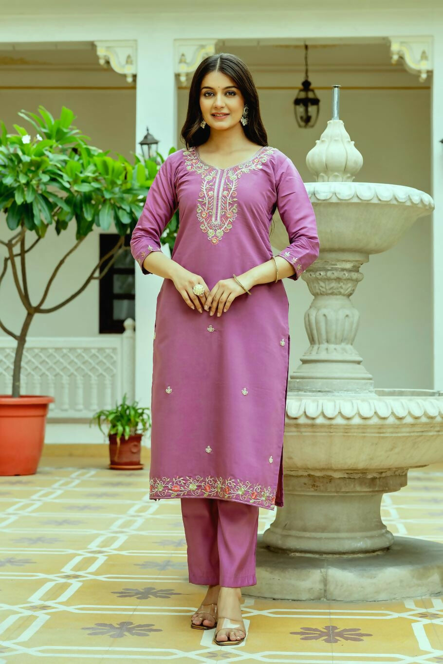 The52 Purple Women's Beautiful Embroidered Viscose Chanderi Silk Fabric with Straight Kurta, Pant and Dupatta Set - Distacart