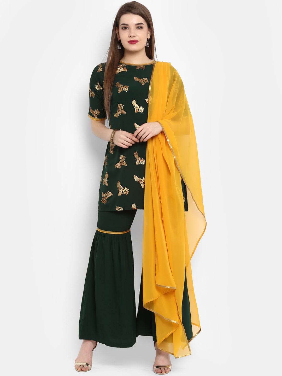 Janasya Green & Orange Printed Kurta with Sharara & Dupatta - Distacart