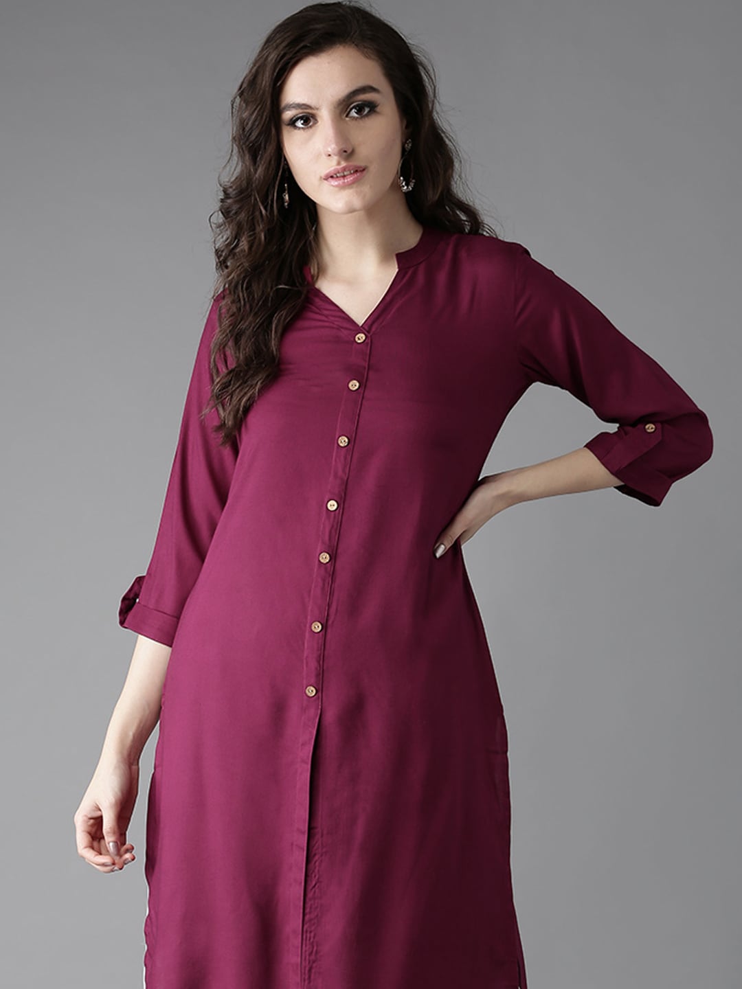 HERE&NOW Women Burgundy Solid Straight Kurta