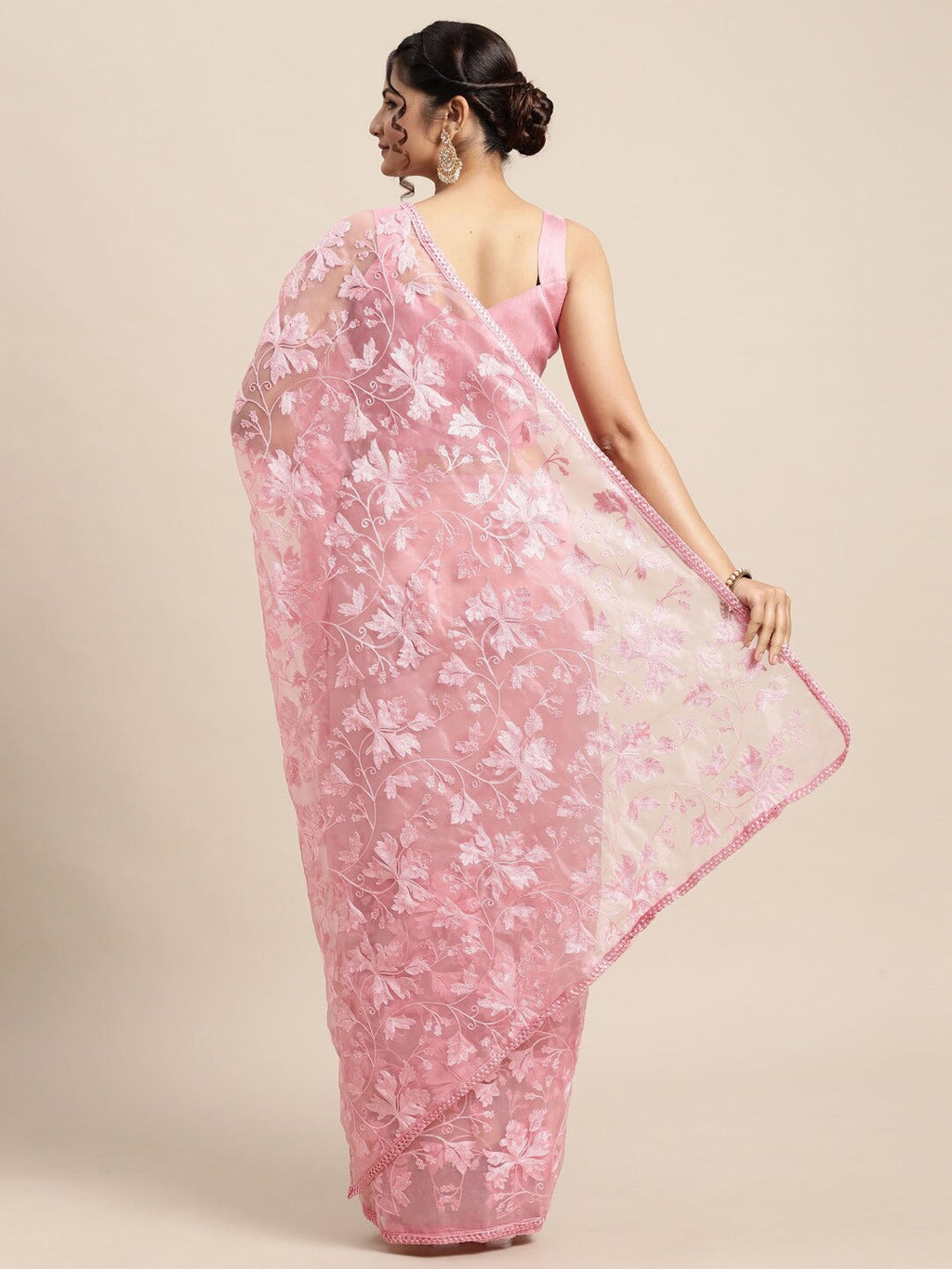 Saree Mall Pink Floral Embroidered Organza Sarees - Distacart