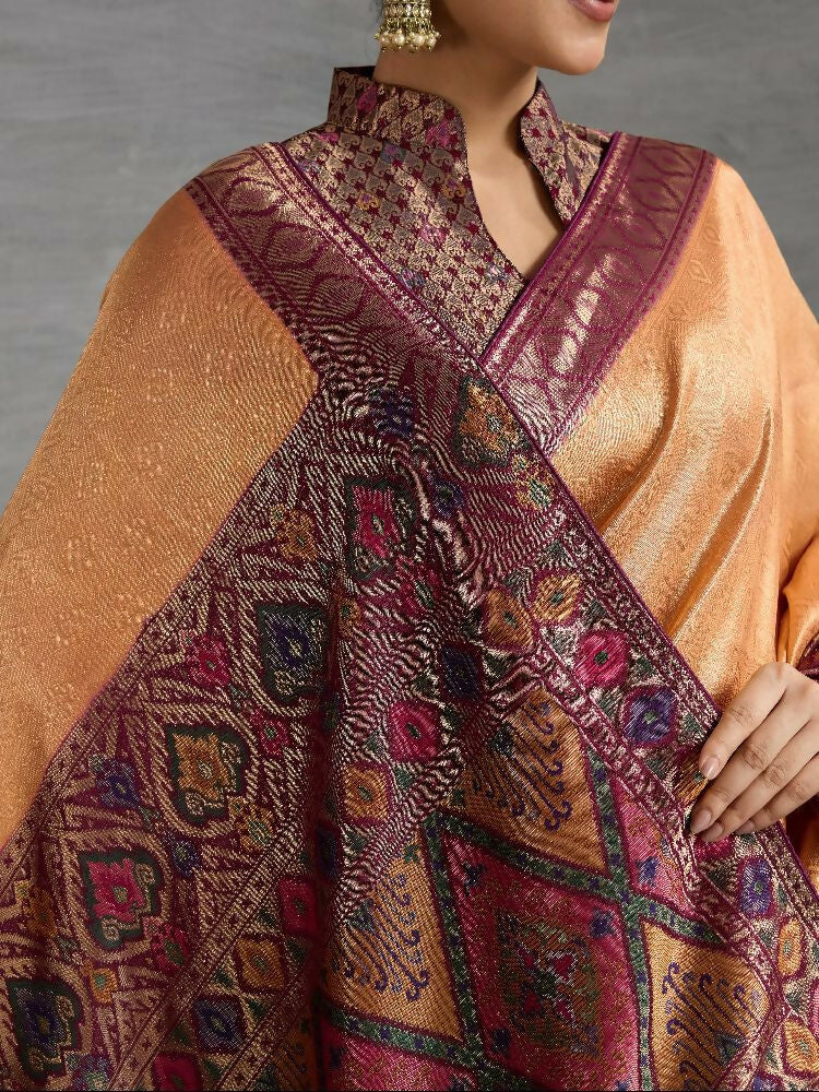 PR Fashion Coffee Kanjivaram Soft Silk Kadiyal Pattern Double Zari Woven Patta, Meenakari Woven Pallu Saree