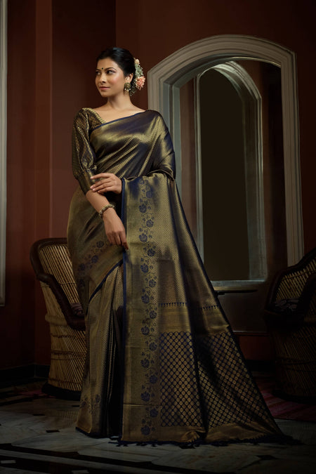 Vardha Oxford Blue Golden Zari Kanjeevaram Silk Saree