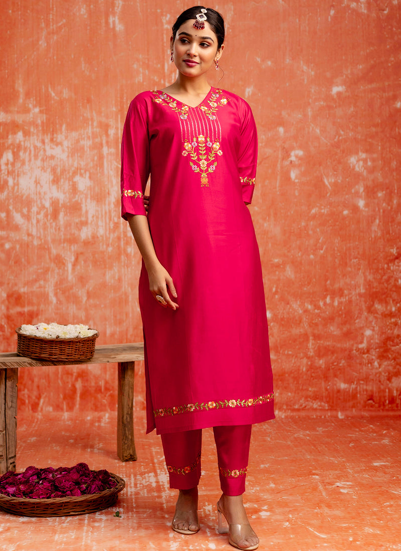 Vellora Viscose Red Casual Wear Embroidery Work Readymade Salwar Suit - Distacart