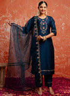 Vellora Viscose Navy Blue Casual Wear Embroidery Work Readymade Salwar Suit - Distacart