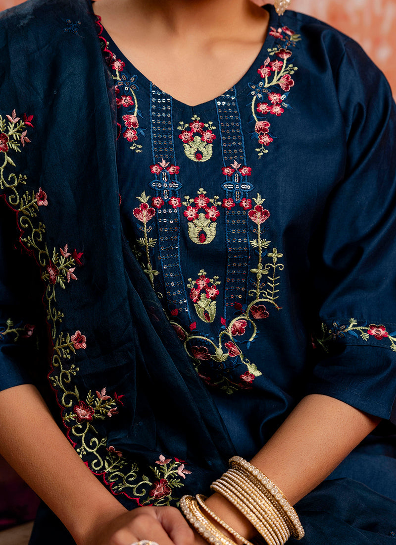 Vellora Viscose Navy Blue Casual Wear Embroidery Work Readymade Salwar Suit - Distacart