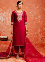 Vellora Viscose Red Casual Wear Embroidery Work Readymade Salwar Suit - Distacart
