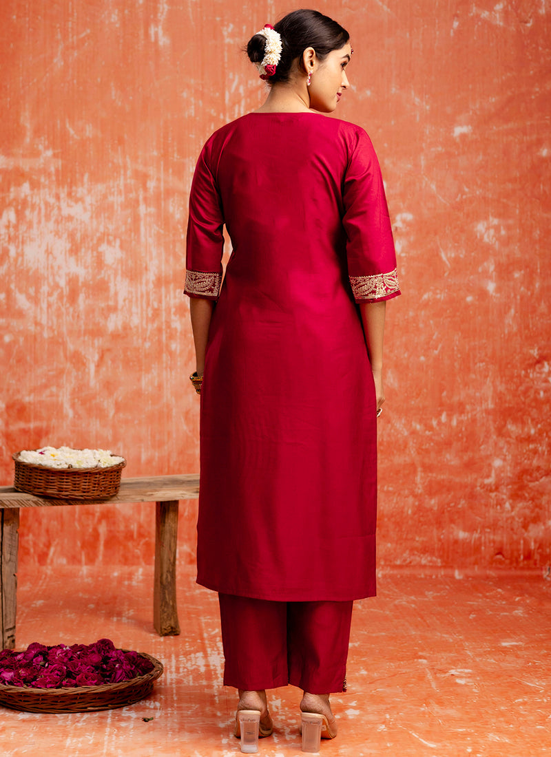 Vellora Viscose Red Casual Wear Embroidery Work Readymade Salwar Suit - Distacart