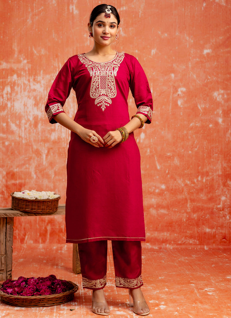 Vellora Viscose Red Casual Wear Embroidery Work Readymade Salwar Suit - Distacart