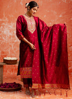 Vellora Cotton Silk Blend Red Casual Wear Embroidery Work Readymade Salwar Suit - Distacart