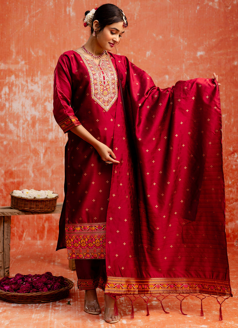 Vellora Cotton Silk Blend Red Casual Wear Embroidery Work Readymade Salwar Suit - Distacart