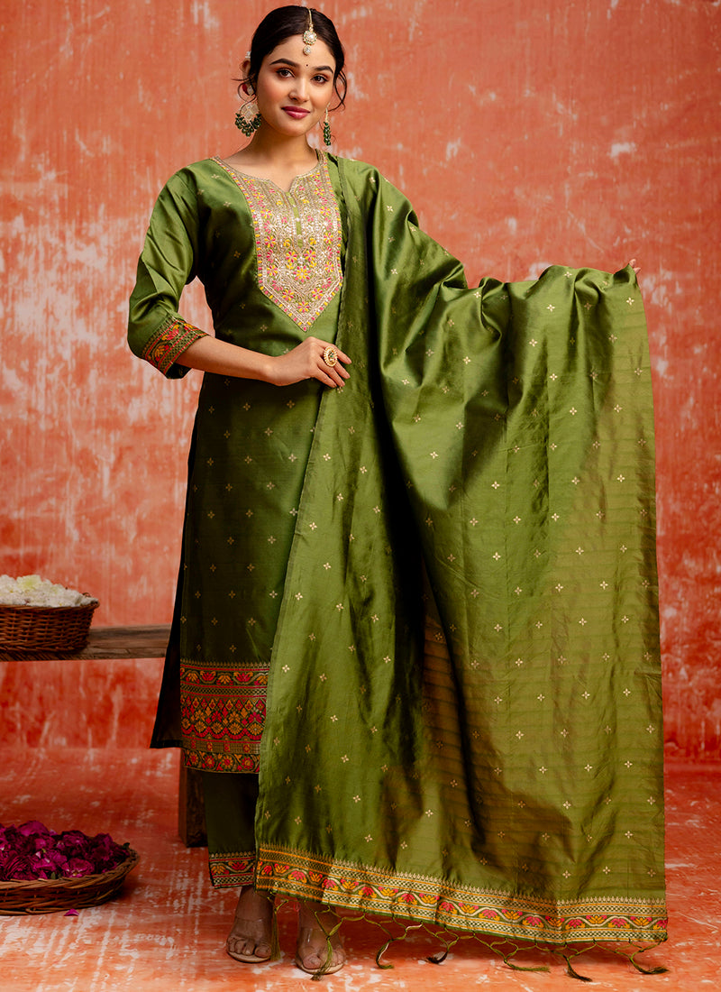 Vellora Cotton Silk Blend Mehendi Casual Wear Embroidery Work Readymade Salwar Suit - Distacart