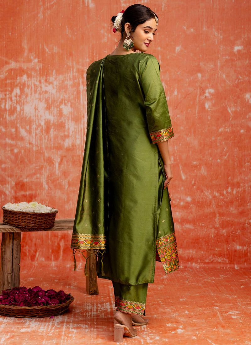 Vellora Cotton Silk Blend Mehendi Casual Wear Embroidery Work Readymade Salwar Suit - Distacart