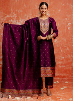Vellora Cotton Silk Blend Wine Casual Wear Embroidery Work Readymade Salwar Suit - Distacart