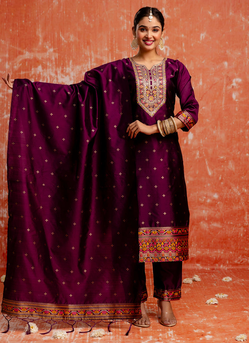 Vellora Cotton Silk Blend Wine Casual Wear Embroidery Work Readymade Salwar Suit - Distacart
