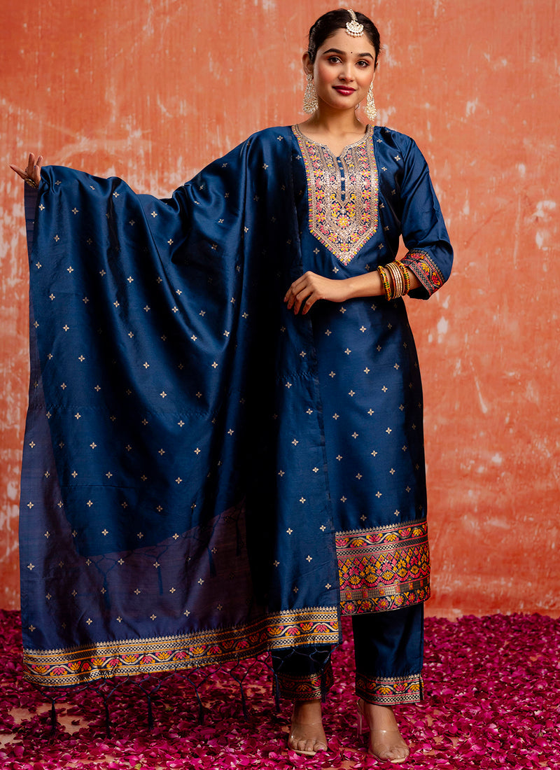 Vellora Cotton Silk Blend Navy Blue Casual Wear Embroidery Work Readymade Salwar Suit - Distacart